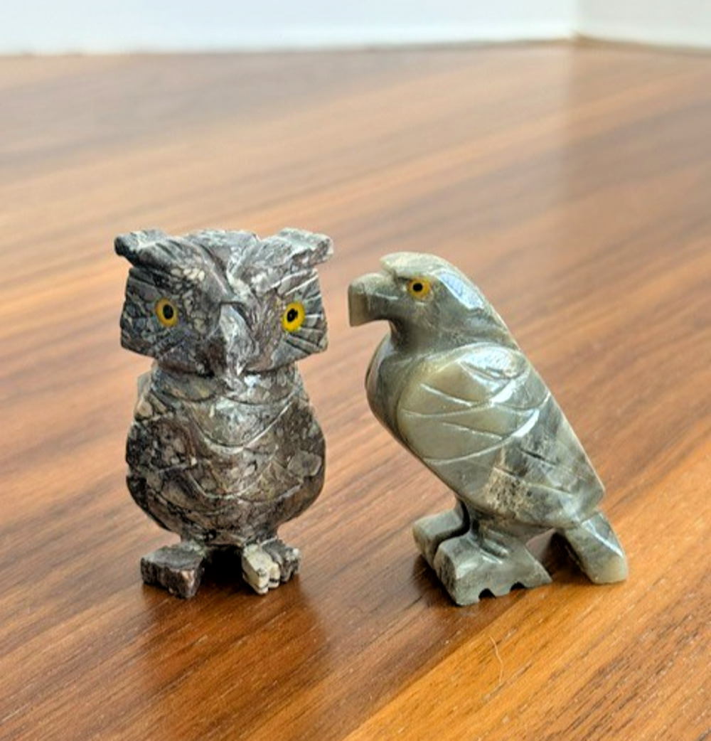 2 Vintage Hand Carved Stone Owl & Eagle Bird Figurines Eagle Hawk Style